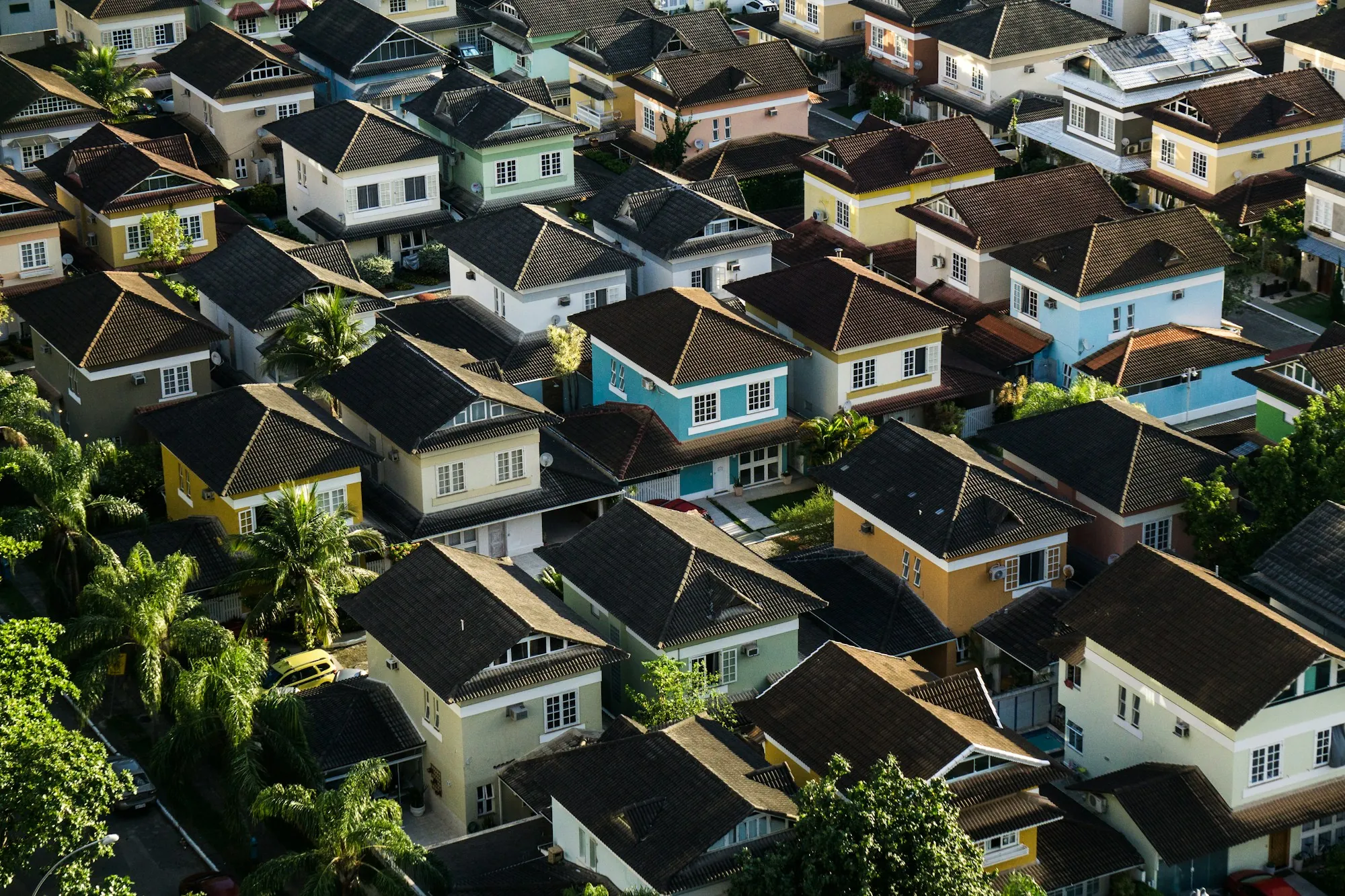 Aerial view of a dense neighborhood of single-family homes